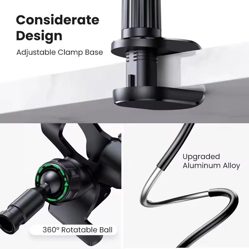 Mobile Phone Holder Stand 360° Rotatable Clip Design Portable Flexible Adjustable Lazy Bed Desktop Bracket Desk Mount Stand 70CM Long Arm Gooseneck Mount Clamp for Universal Mobile Phone Accessories