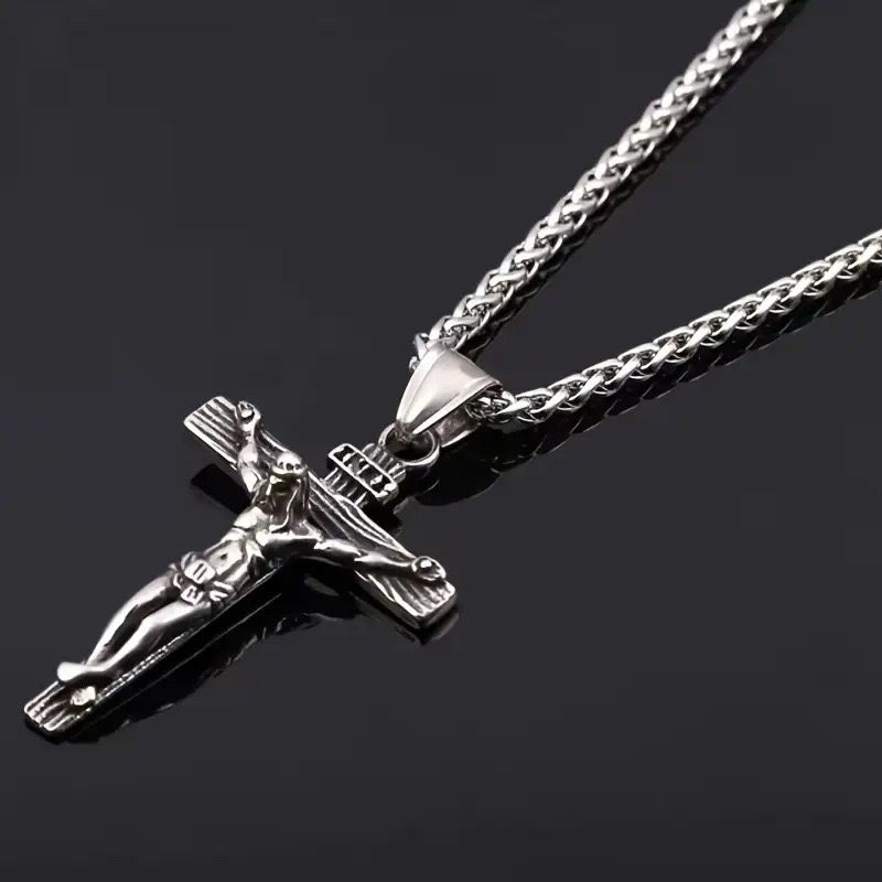Stainless Steel Cross Necklace Cross of Jesus Crucifix 18K Gold Plated Religious Pendant Unisex Church Jewelry Gift Hypoallergenic Non-Fading Classic Chain For Women and Men