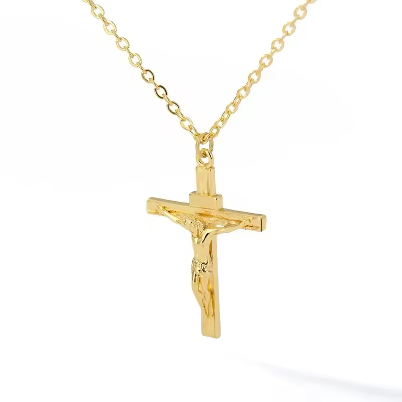 Stainless Steel Cross Necklace Cross of Jesus Crucifix 18K Gold Plated Religious Pendant Unisex Church Jewelry Gift Hypoallergenic Non-Fading Classic Chain For Women and Men