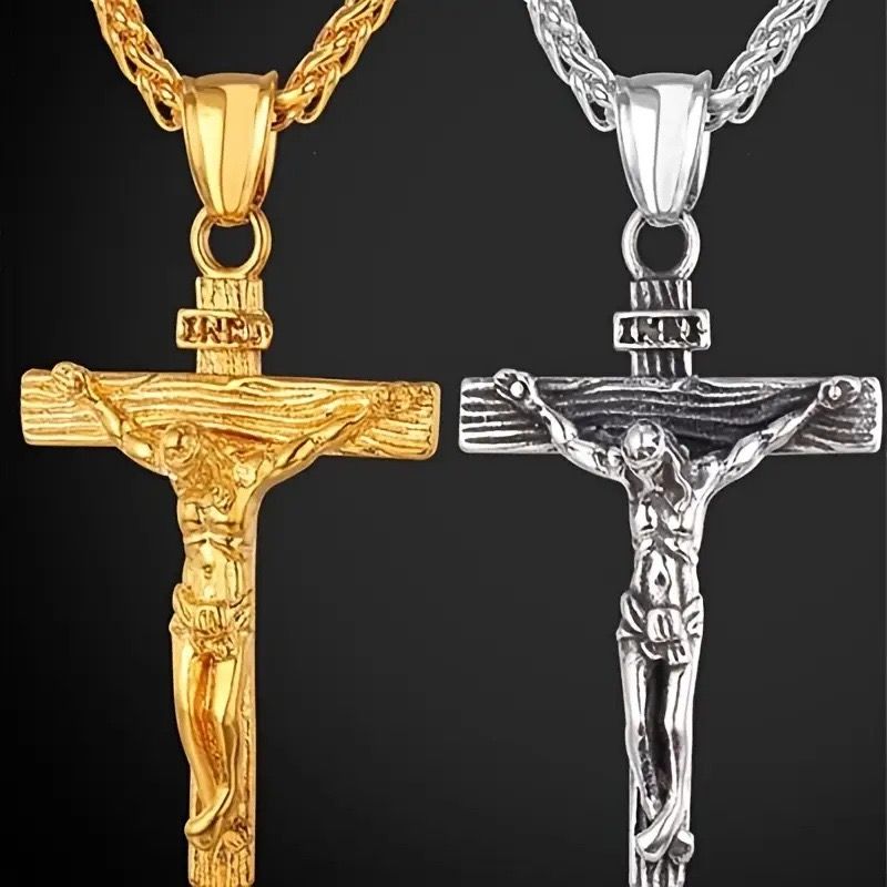 Stainless Steel Cross Necklace Cross of Jesus Crucifix 18K Gold Plated Religious Pendant Unisex Church Jewelry Gift Hypoallergenic Non-Fading Classic Chain For Women and Men