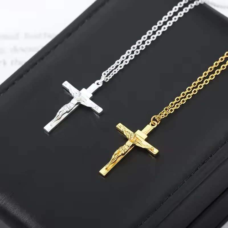 Stainless Steel Cross Necklace Cross of Jesus Crucifix 18K Gold Plated Religious Pendant Unisex Church Jewelry Gift Hypoallergenic Non-Fading Classic Chain For Women and Men