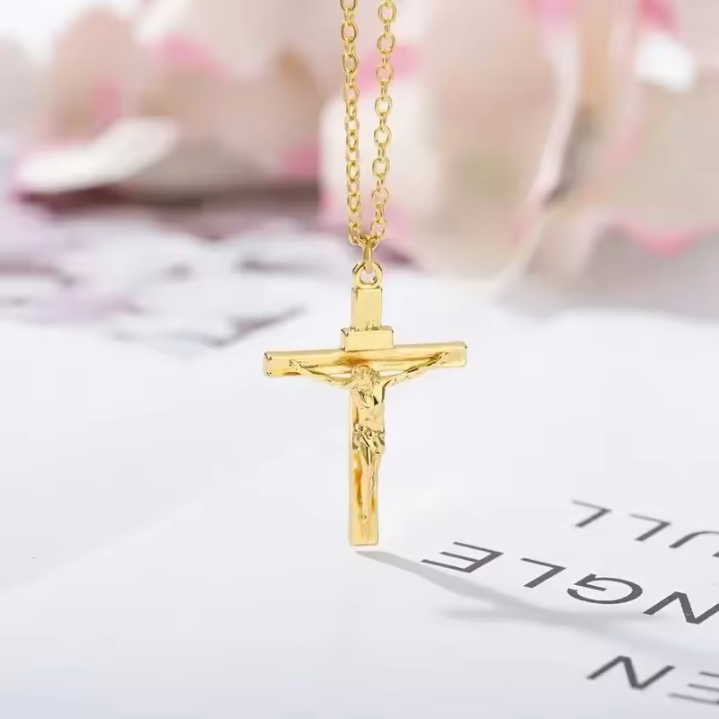 Stainless Steel Cross Necklace Cross of Jesus Crucifix 18K Gold Plated Religious Pendant Unisex Church Jewelry Gift Hypoallergenic Non-Fading Classic Chain For Women and Men