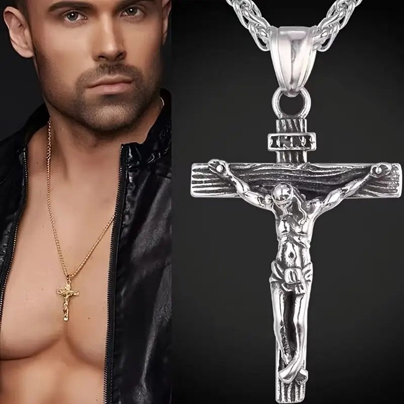 Stainless Steel Cross Necklace Cross of Jesus Crucifix 18K Gold Plated Religious Pendant Unisex Church Jewelry Gift Hypoallergenic Non-Fading Classic Chain For Women and Men