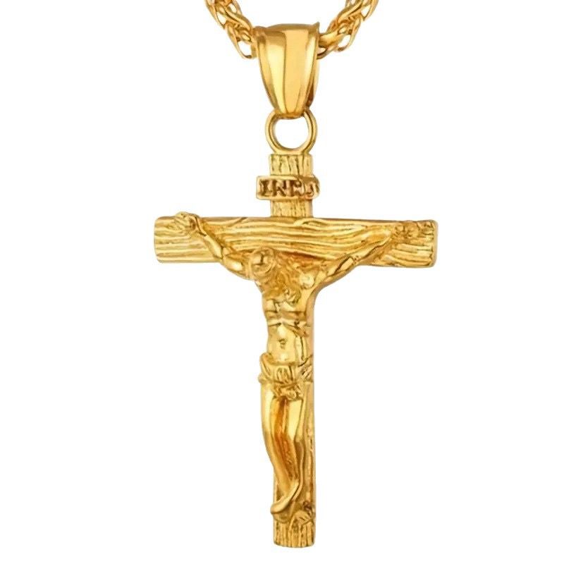 Stainless Steel Cross Necklace Cross of Jesus Crucifix 18K Gold Plated Religious Pendant Unisex Church Jewelry Gift Hypoallergenic Non-Fading Classic Chain For Women and Men