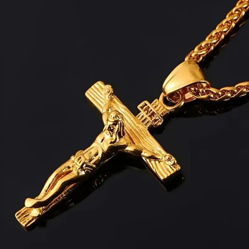 Stainless Steel Cross Necklace Cross of Jesus Crucifix 18K Gold Plated Religious Pendant Unisex Church Jewelry Gift Hypoallergenic Non-Fading Classic Chain For Women and Men