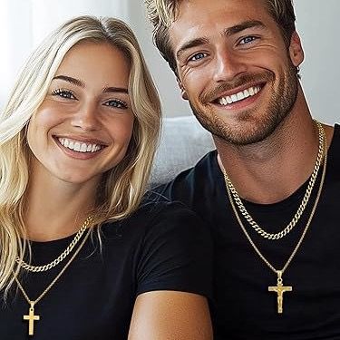 Stainless Steel Cross Necklace Cross of Jesus Crucifix 18K Gold Plated Religious Pendant Unisex Church Jewelry Gift Hypoallergenic Non-Fading Classic Chain For Women and Men