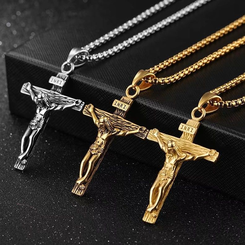 Stainless Steel Cross Necklace Cross of Jesus Crucifix 18K Gold Plated Religious Pendant Unisex Church Jewelry Gift Hypoallergenic Non-Fading Classic Chain For Women and Men