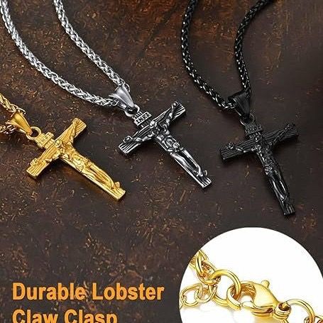 Stainless Steel Cross Necklace Cross of Jesus Crucifix 18K Gold Plated Religious Pendant Unisex Church Jewelry Gift Hypoallergenic Non-Fading Classic Chain For Women and Men