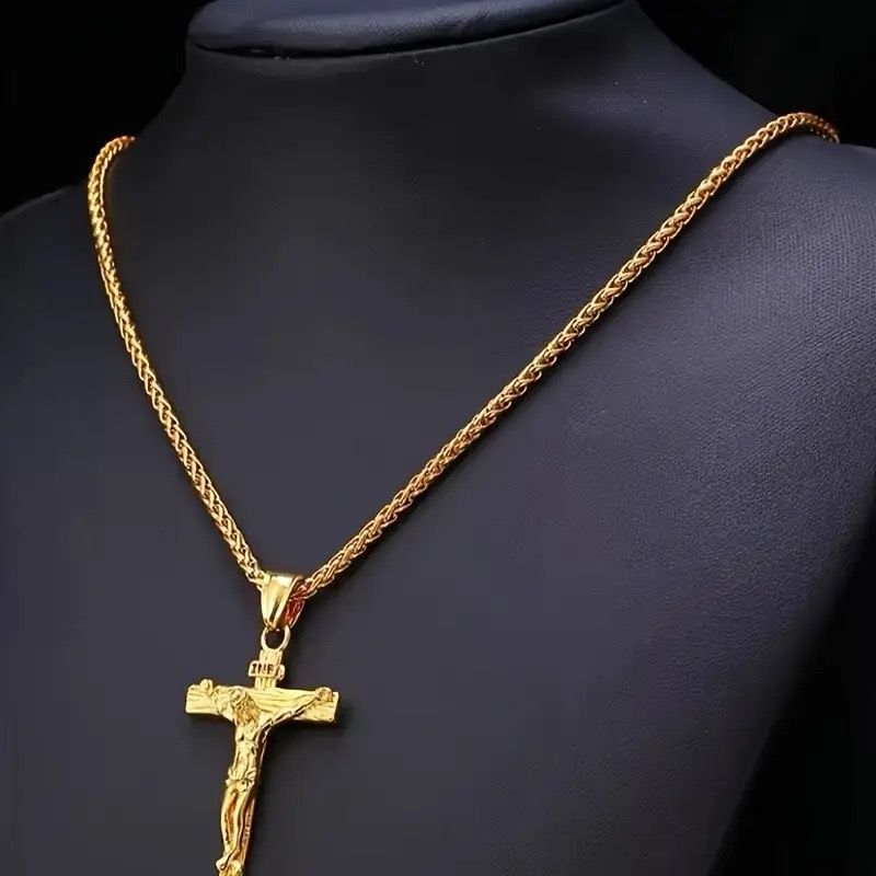 Stainless Steel Cross Necklace Cross of Jesus Crucifix 18K Gold Plated Religious Pendant Unisex Church Jewelry Gift Hypoallergenic Non-Fading Classic Chain For Women and Men
