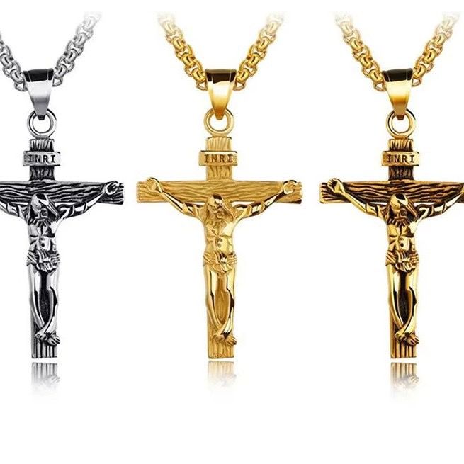 Stainless Steel Cross Necklace Cross of Jesus Crucifix 18K Gold Plated Religious Pendant Unisex Church Jewelry Gift Hypoallergenic Non-Fading Classic Chain For Women and Men