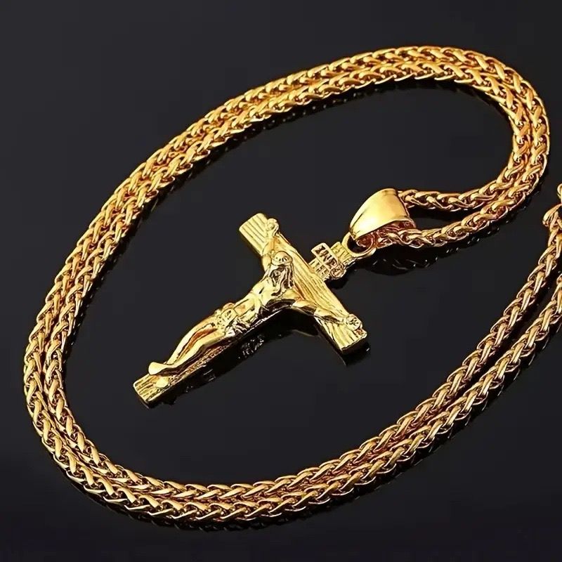 Stainless Steel Cross Necklace Cross of Jesus Crucifix 18K Gold Plated Religious Pendant Unisex Church Jewelry Gift Hypoallergenic Non-Fading Classic Chain For Women and Men