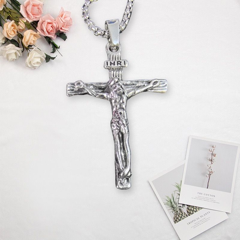 Stainless Steel Cross Necklace Cross of Jesus Crucifix 18K Gold Plated Religious Pendant Unisex Church Jewelry Gift Hypoallergenic Non-Fading Classic Chain For Women and Men