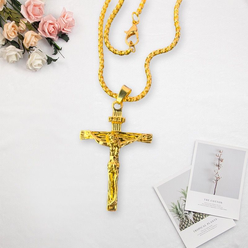 Stainless Steel Cross Necklace Cross of Jesus Crucifix 18K Gold Plated Religious Pendant Unisex Church Jewelry Gift Hypoallergenic Non-Fading Classic Chain For Women and Men