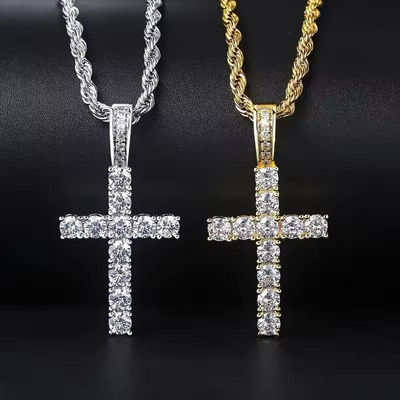 Cross Pendant Necklace Zircon Chain Iced  Diamond Sparkling Out Exquisite Bling Jewelry Fashion Trendy Creative Twisted Chain Long Necklace for Women Men Cross Necklace Love Gift