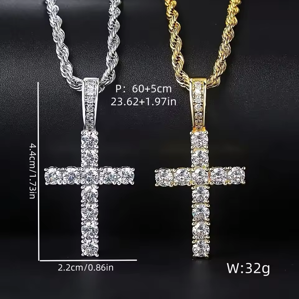 Cross Pendant Necklace Zircon Chain Iced  Diamond Sparkling Out Exquisite Bling Jewelry Fashion Trendy Creative Twisted Chain Long Necklace for Women Men Cross Necklace Love Gift