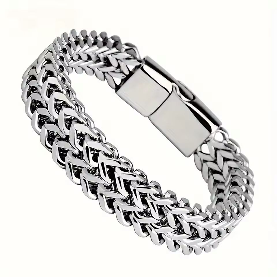 Men Stainless Steel Bracelet Braided Double Row Front and Rear Fish Scale Alloy Magnetic Buckle Bracelet Keel Jewelry Trendy Wrist Chain Classic Fashion