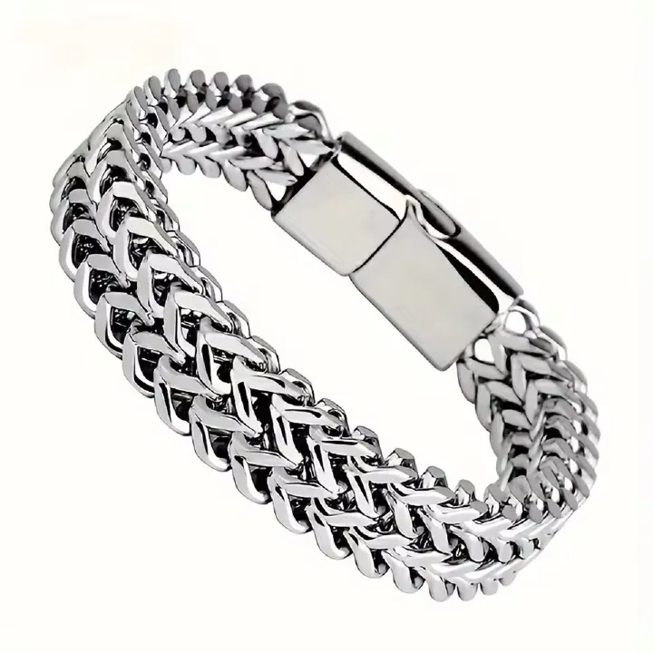 Men Stainless Steel Bracelet Braided Double Row Front and Rear Fish Scale Alloy Magnetic Buckle Bracelet Keel Jewelry Trendy Wrist Chain Classic Fashion
