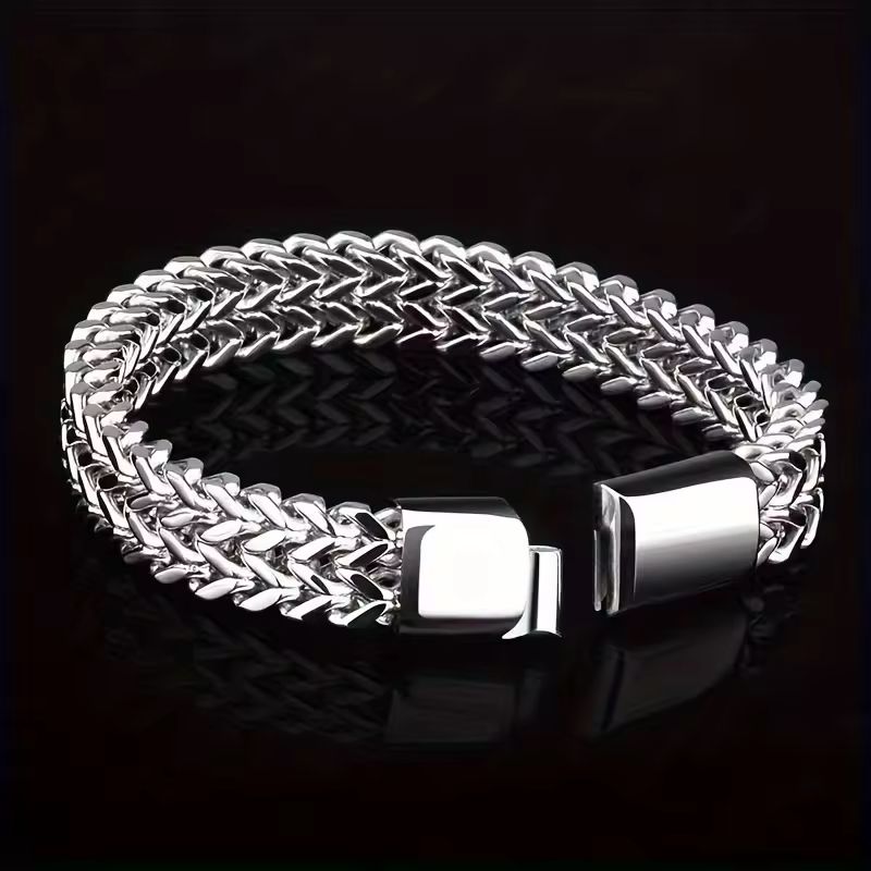 Men Stainless Steel Bracelet Braided Double Row Front and Rear Fish Scale Alloy Magnetic Buckle Bracelet Keel Jewelry Trendy Wrist Chain Classic Fashion
