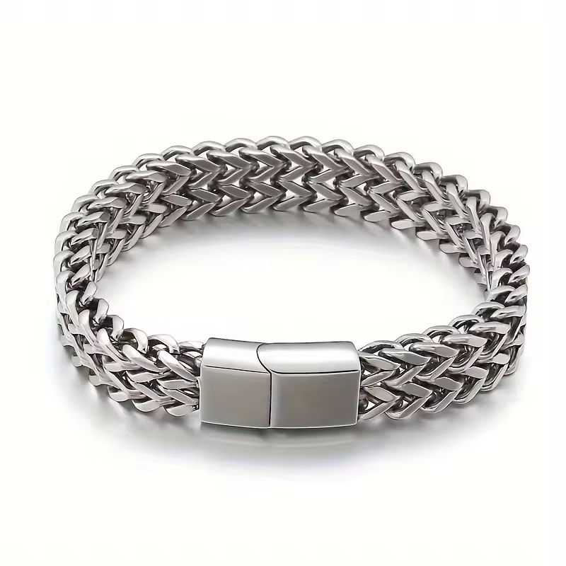 Men Stainless Steel Bracelet Braided Double Row Front and Rear Fish Scale Alloy Magnetic Buckle Bracelet Keel Jewelry Trendy Wrist Chain Classic Fashion
