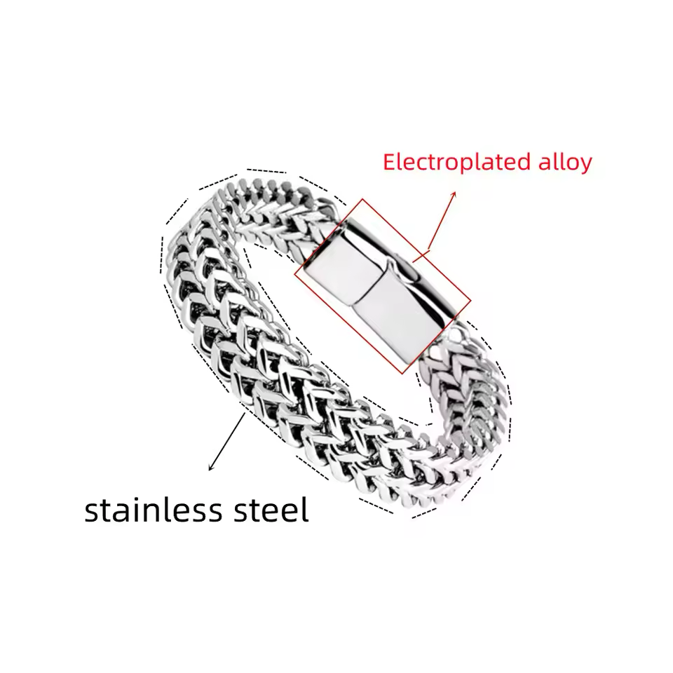 Men Stainless Steel Bracelet Braided Double Row Front and Rear Fish Scale Alloy Magnetic Buckle Bracelet Keel Jewelry Trendy Wrist Chain Classic Fashion