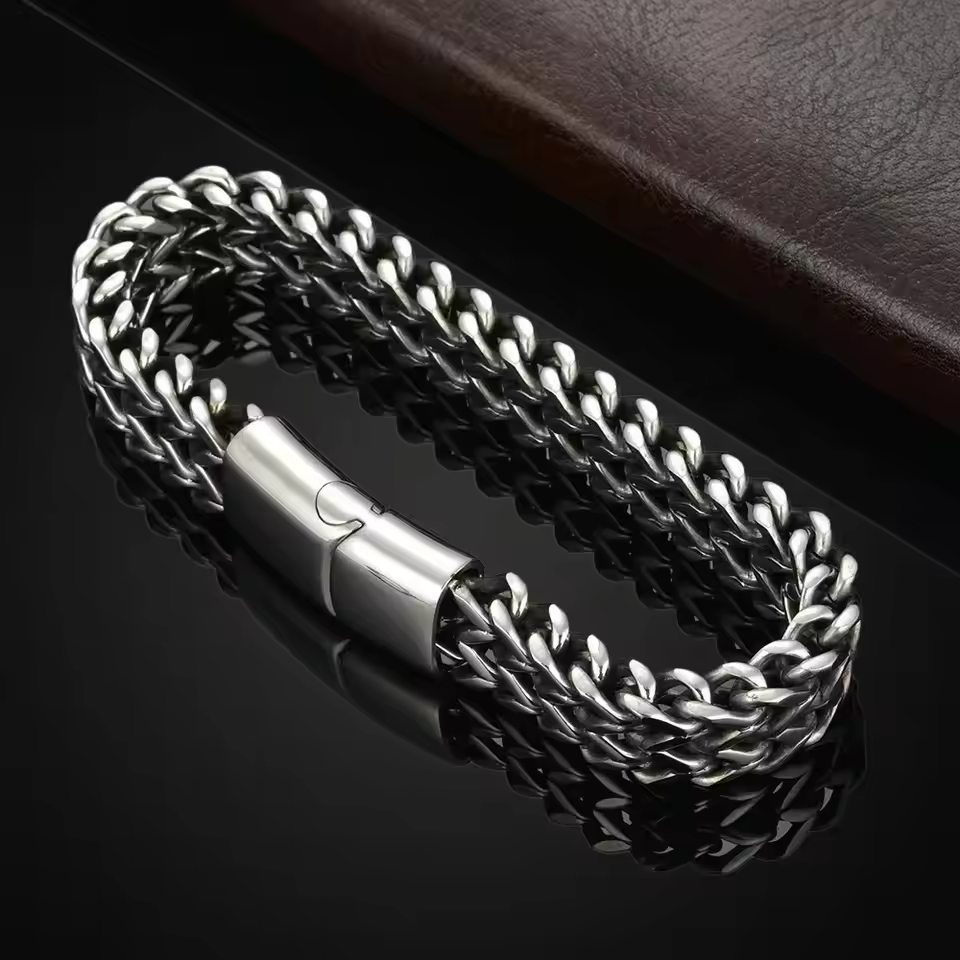 Men Stainless Steel Bracelet Braided Double Row Front and Rear Fish Scale Alloy Magnetic Buckle Bracelet Keel Jewelry Trendy Wrist Chain Classic Fashion