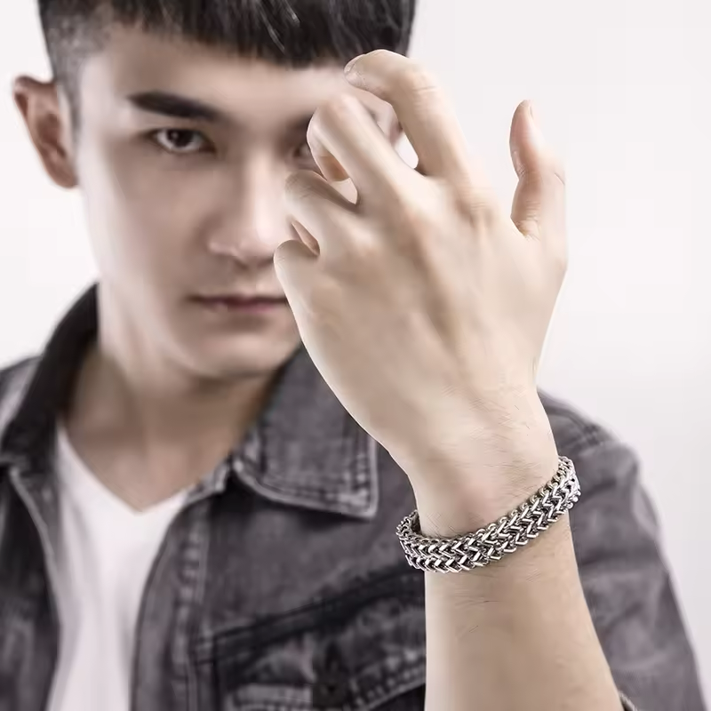 Men Stainless Steel Bracelet Braided Double Row Front and Rear Fish Scale Alloy Magnetic Buckle Bracelet Keel Jewelry Trendy Wrist Chain Classic Fashion