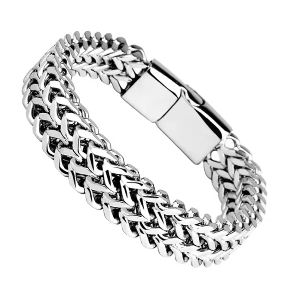Men Stainless Steel Bracelet Braided Double Row Front and Rear Fish Scale Alloy Magnetic Buckle Bracelet Keel Jewelry Trendy Wrist Chain Classic Fashion