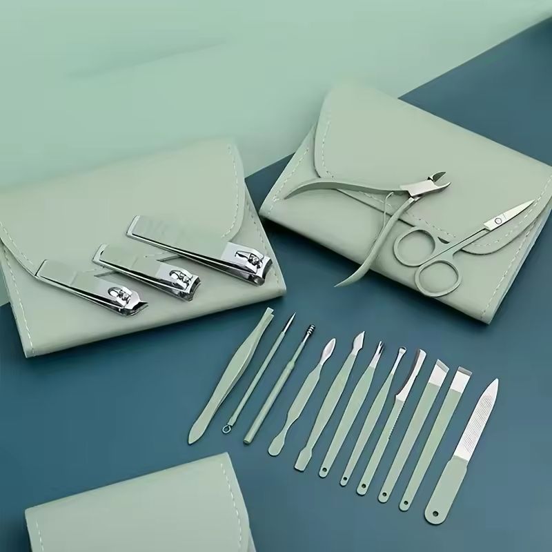 12/16pcs Professional Nail Clippers and Cuticle Nippers Set With Leather Portable Case Folding Bag Universal Facial Care Manicure Kits Pedicure Tools Manicure Set Knife Scissors Suit-Dead Skin Scissor