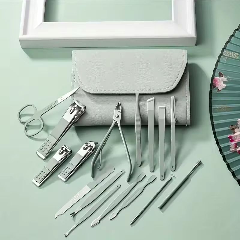 12/16pcs Professional Nail Clippers and Cuticle Nippers Set With Leather Portable Case Folding Bag Universal Facial Care Manicure Kits Pedicure Tools Manicure Set Knife Scissors Suit-Dead Skin Scissor
