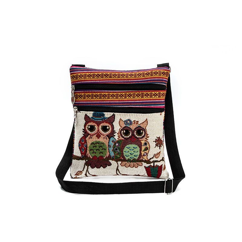 Ethnic style double zipper owl jacquard single shoulder diagonal cross bag for women's ultra light cross-border postman bag