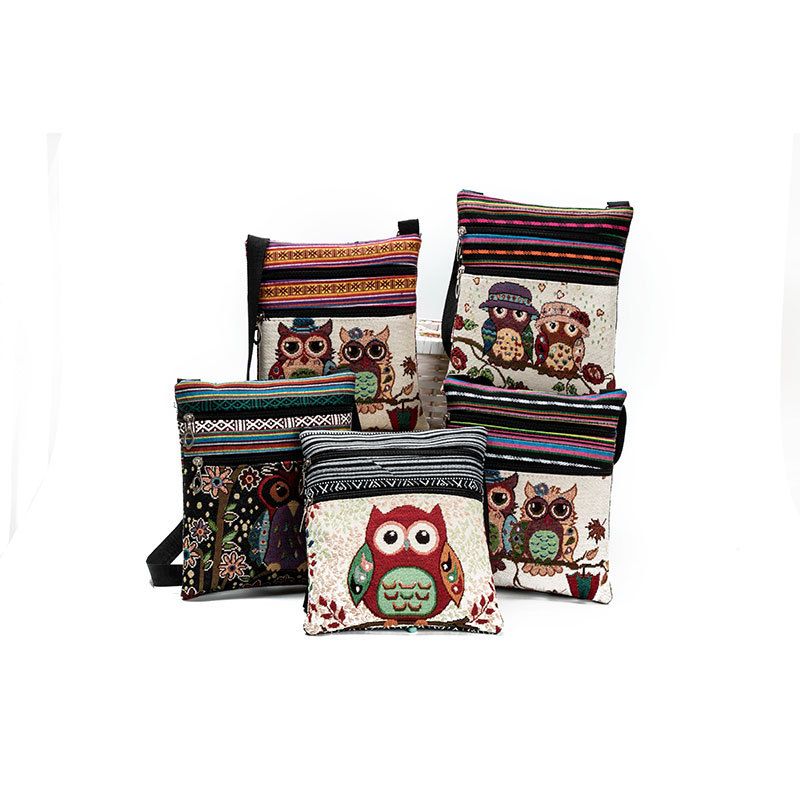 Ethnic style double zipper owl jacquard single shoulder diagonal cross bag for women's ultra light cross-border postman bag