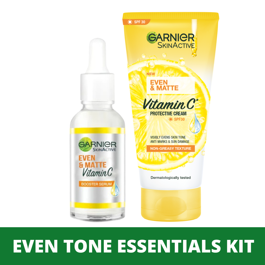 【Promotion】Garnier even tone essentials kit- Vitamin C Serum 30ml & Even & Matte Vitamin  Spf30 -50ml