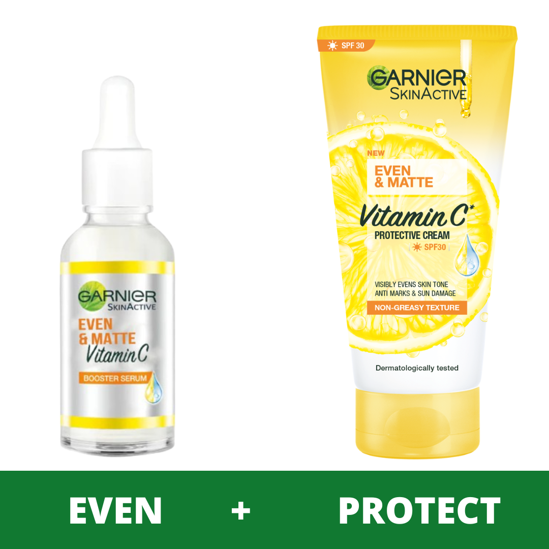 【Promotion】Garnier even tone essentials kit- Vitamin C Serum 30ml & Even & Matte Vitamin  Spf30 -50ml KIT