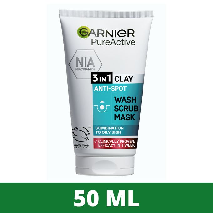 Garnier Pure Active Cleanser 3 in 1 Clay Wash, Scrub, Mask 50ml