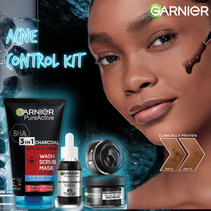 【Hot Deal】Garnier Acne Control Kit:  Pure Active Charcoal Wash+ Serum + Air Cream