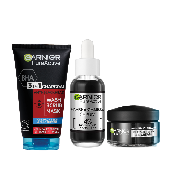 【Hot Deal】Garnier Acne Control Kit:  Pure Active Charcoal Wash+ Serum + Air Cream