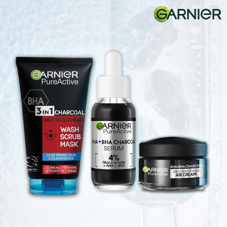 【Hot Deal】Garnier Acne Control Kit:  Pure Active Charcoal Wash+ Serum + Air Cream