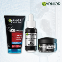 【Discounted】Garnier Acne Control Kit:  Pure Active Charcoal Wash+ Serum + Air Cream