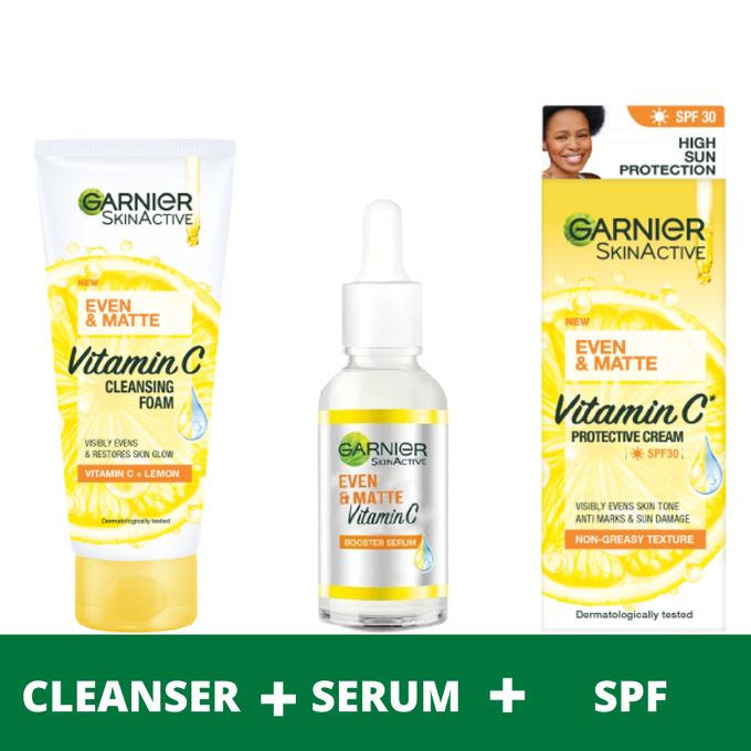 【Discounted】Garnier Eventone Day Routine Kit(Even & Matte Vitamin C Cleansing Foam + Serum + Sunscreen Spf 30 Eventone Day Kit