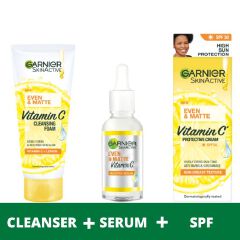 【Discounted】Garnier Eventone Day Routine Kit: Even & Matte Vitamin C Cleansing Foam 50ml + Serum 15ml+ Sunscreen Spf 30 50ml