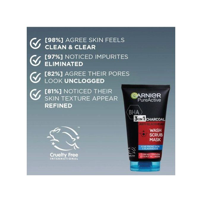 Garnier Pure Active 3 In1 Charcoal Anti Blackhead Mask Wash Scrub -100ml