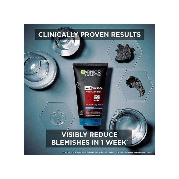 Garnier Pure Active 3 In1 Charcoal Anti Blackhead Mask Wash Scrub -100ml