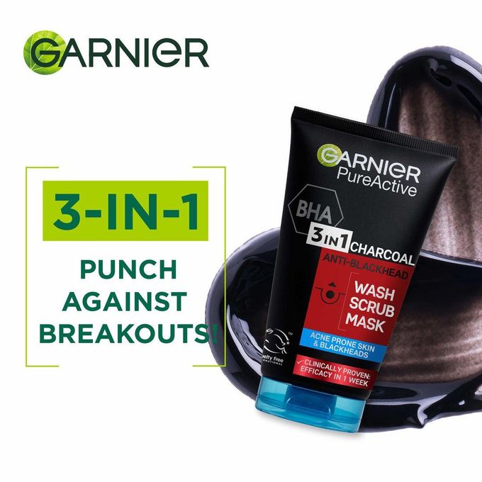 Garnier Pure Active 3 In1 Charcoal Anti Blackhead Mask Wash Scrub -100ml