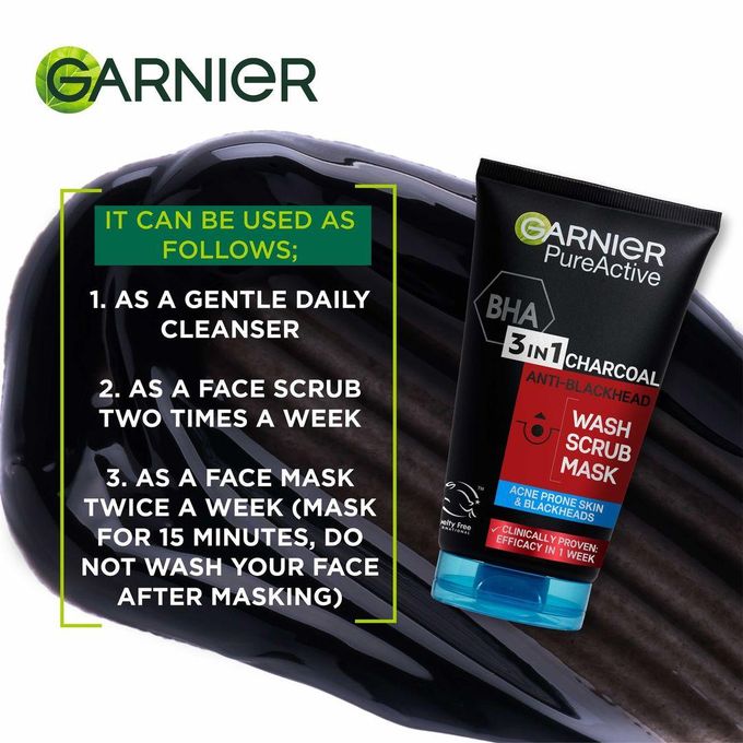 Garnier Pure Active 3 In1 Charcoal Anti Blackhead Mask Wash Scrub -100ml