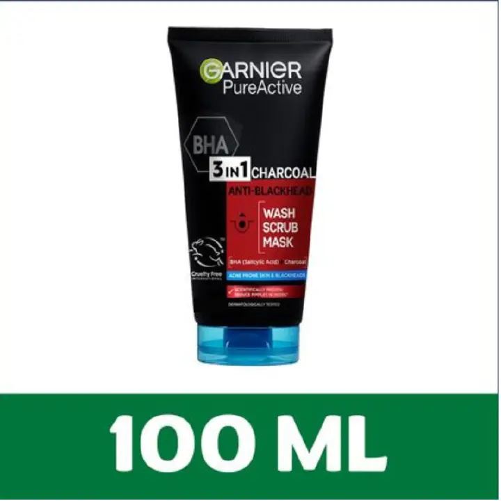 【Free UV sachet】Garnier Pure Active 3 In1 Charcoal Anti Blackhead Mask Wash Scrub -100ml