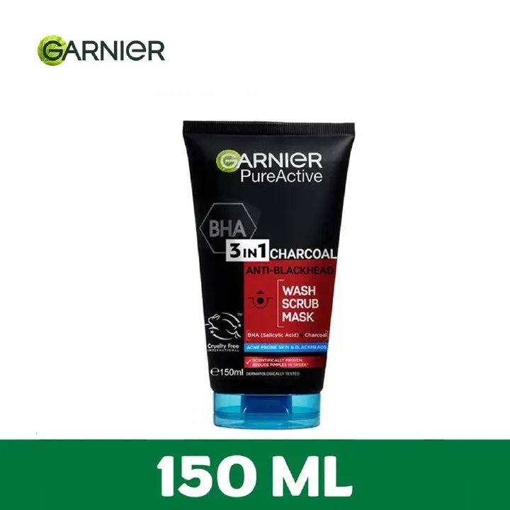 【Free UV sachets】Garnier Pure Active 3 In1 Charcoal Anti Blackhead Mask Wash Scrub -150ml