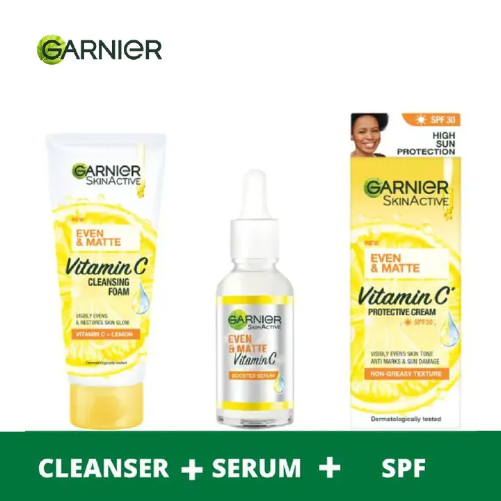 Garnier Eventone Day Routine Kit: Even & Matte Vitamin C Cleansing Foam + Serum + Sunscreen Spf 30