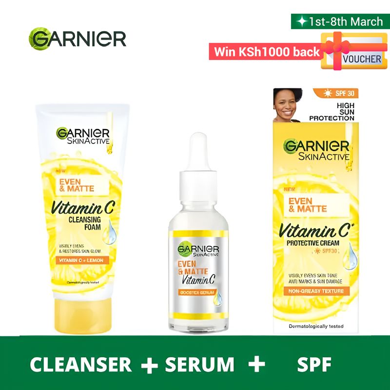 【Discounted】Garnier Eventone Day Routine Kit: Even & Matte Vitamin C Cleansing Foam + Serum + Sunscreen Spf 30