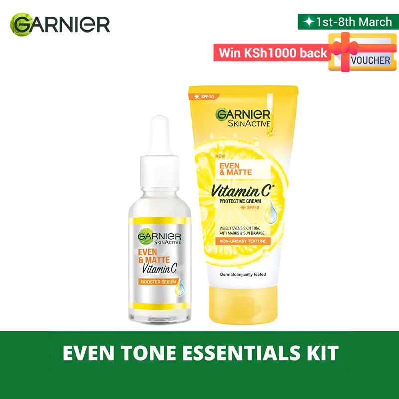 【Promotion】Garnier even tone essentials kit- Vitamin C Serum 30ml & Even & Matte Vitamin  Spf30 -50ml