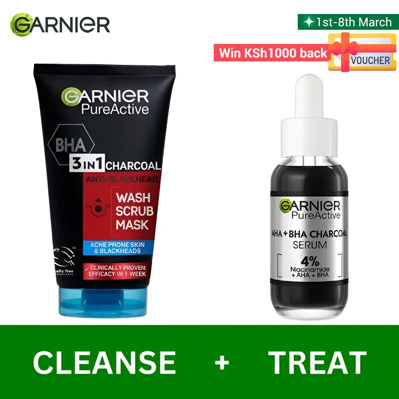 【Discounted】Garnier AHA+BHA Charcoal Serum + Pure Active 3-in-1 Charcoal Mask-(Anti-acne kit)